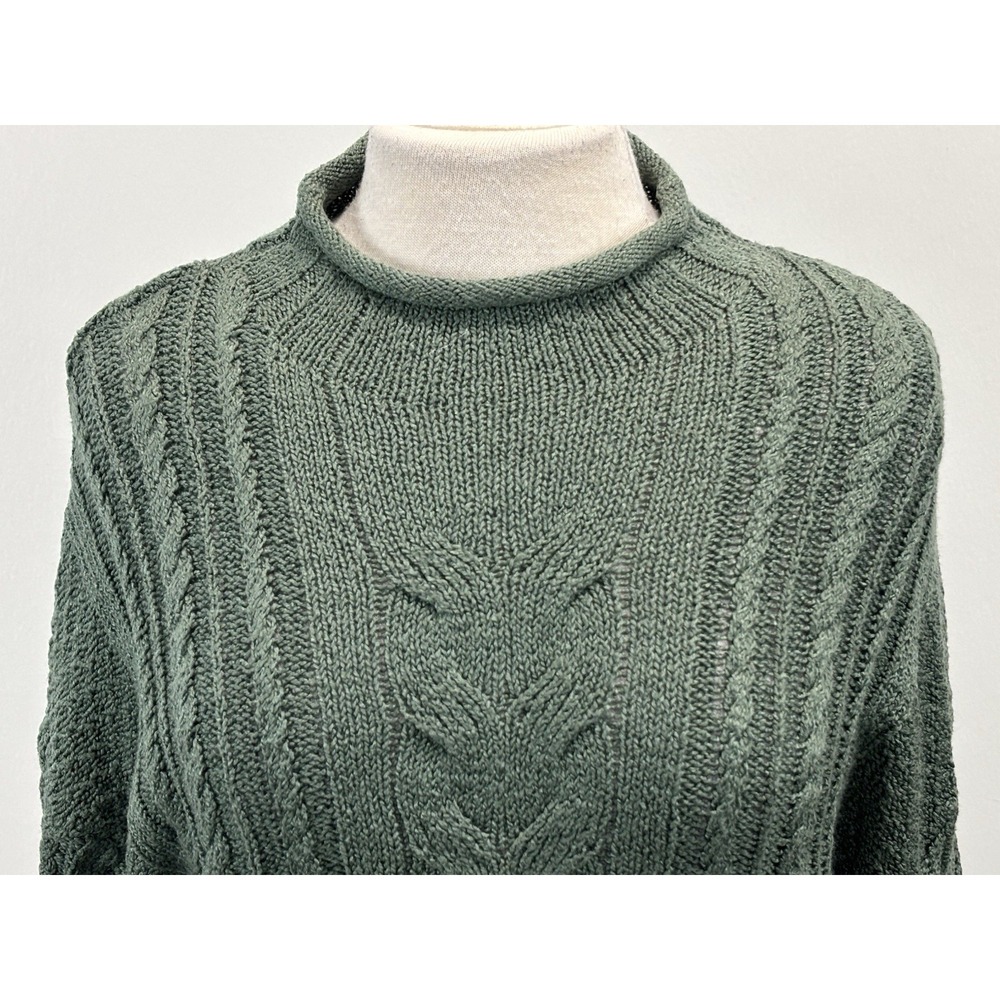 J Crew Cableknit Roll Neck Sweater Women's L Green Fisherman Coastal Grandma - Picture 5 of 7